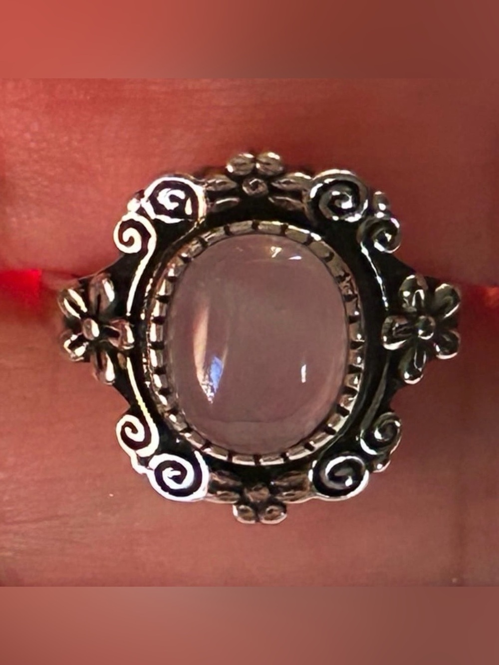 Pink Rose Quartz Crystal S925 Sterling Silver Vintage Style Ring Size 7 New